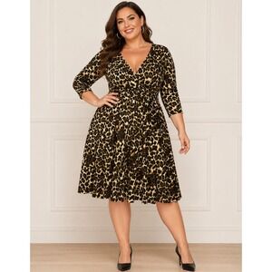 IGIGI Leopard Print Fit & Flare Dress Womens 18 V Neck 3/4 Sleeve Stretch